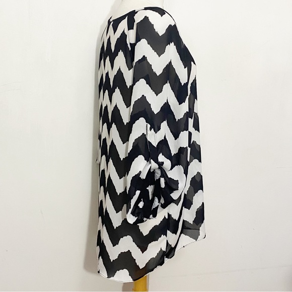 MASSINI bold print polyester chiffon sheer chest pocket blouse tab sleeves XL - Picture 4 of 7